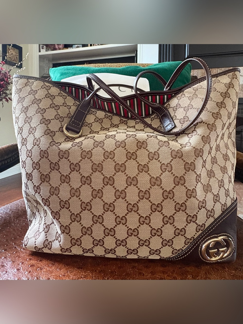 Gucci GG Canvas Britt Shoulder Tote Brown Monogram